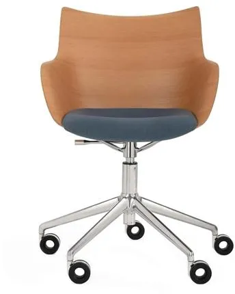 Kartell Q/Wood Καρέκλα Γραφείου Χρώμιο/Ανοιχτό Ξύλο με μπλε ταπετσαρία